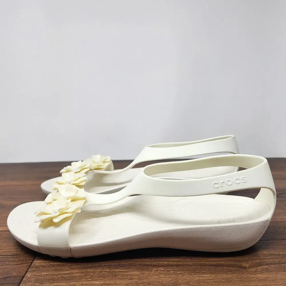 Crocs Serena Flower Embellished Flat T-Strap Sandal Women 10 Ivory and Cream - Picture 6 of 14